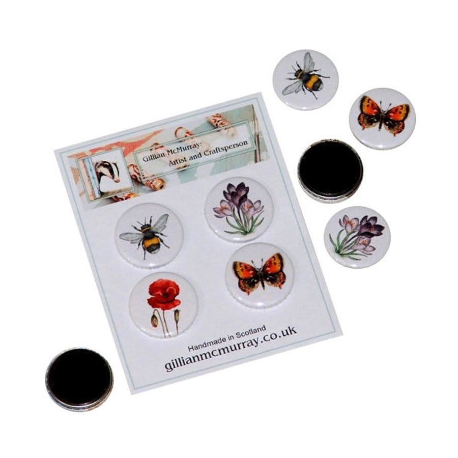 Garden wildlife fridge magnets - set of 4, 1 inch (25mm)