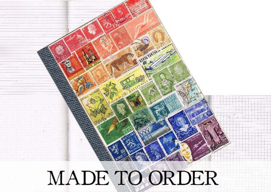 Recycled Rainbow Notebook, A5 Travel Journal - upcycled world postage stamps