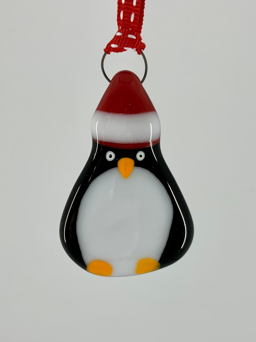 Handmade Fused Glass Penguin Hanging Christmas Decoration 