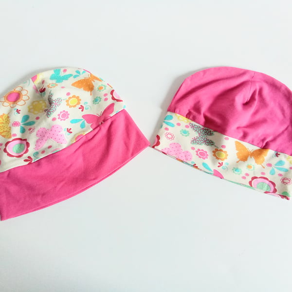 Jersey knit hat, 6-12 months, pack of two, pink and butterflies 