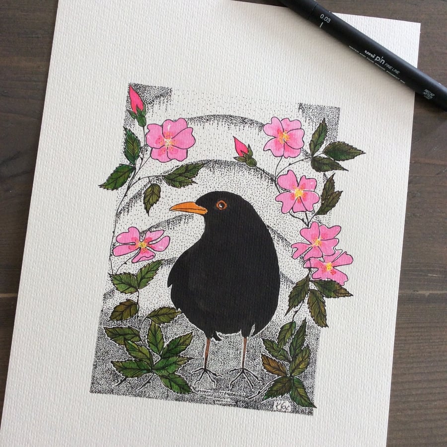 Original blackbird art, blackbird in blossom illustration, blackbird gift