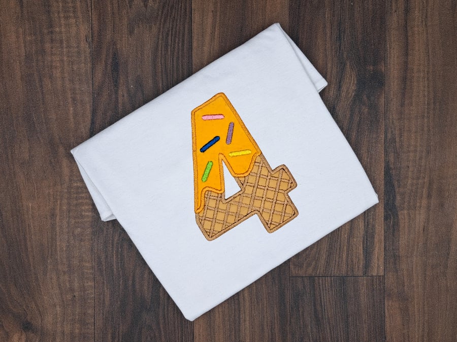 Personalised 4th Birthday T-shirt, Embroidered Orange Ice Cream Toddler Shirt
