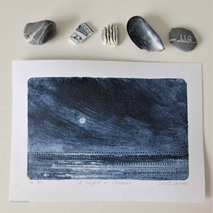 Print no.5 A night in October moon and sea coastal collagraph varied edition