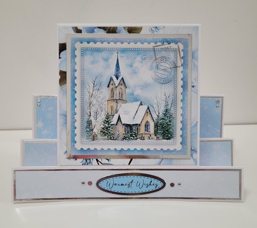 Stepper Shape Christmas Card – Snowy Church Scene 