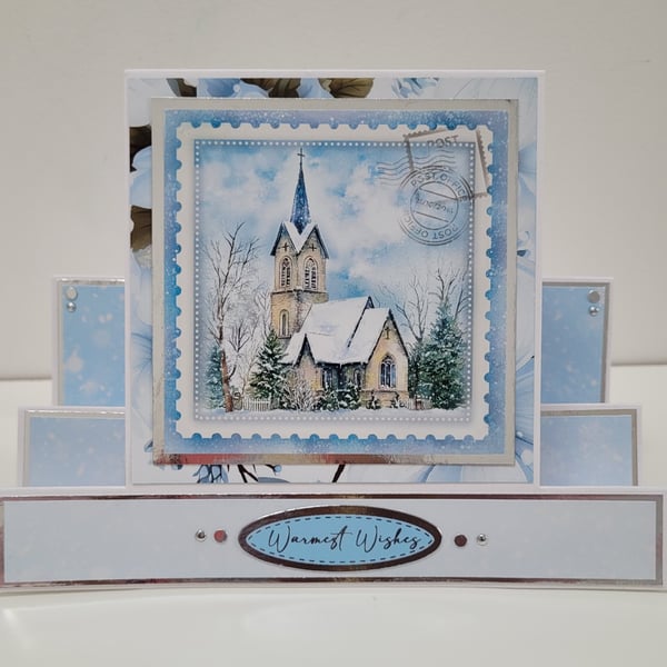 Stepper Shape Christmas Card – Snowy Church Scene 