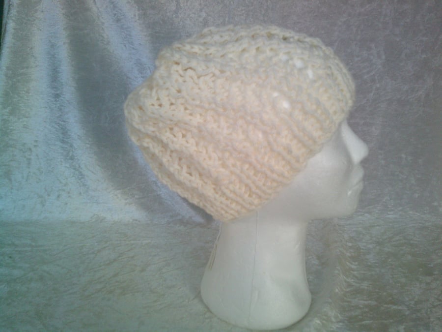 Cream Chunky Lacy Beanie Style Hat
