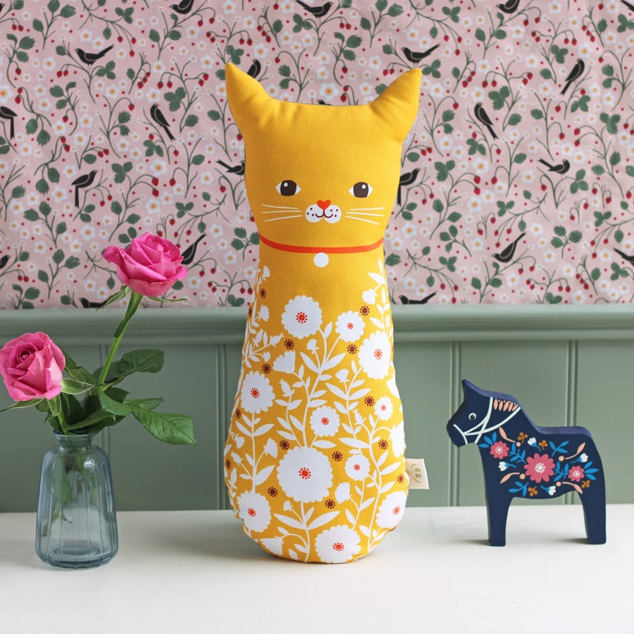 Yellow Cat Cushion - Colourful Fabric Cat - Decorative Animal Cushion - Cat Gift