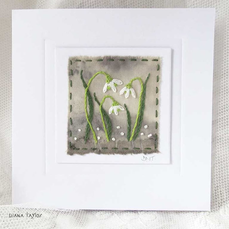 EMBROIDERED SNOWDROP ECO PRINT CARD CHRISTMAS WINTER