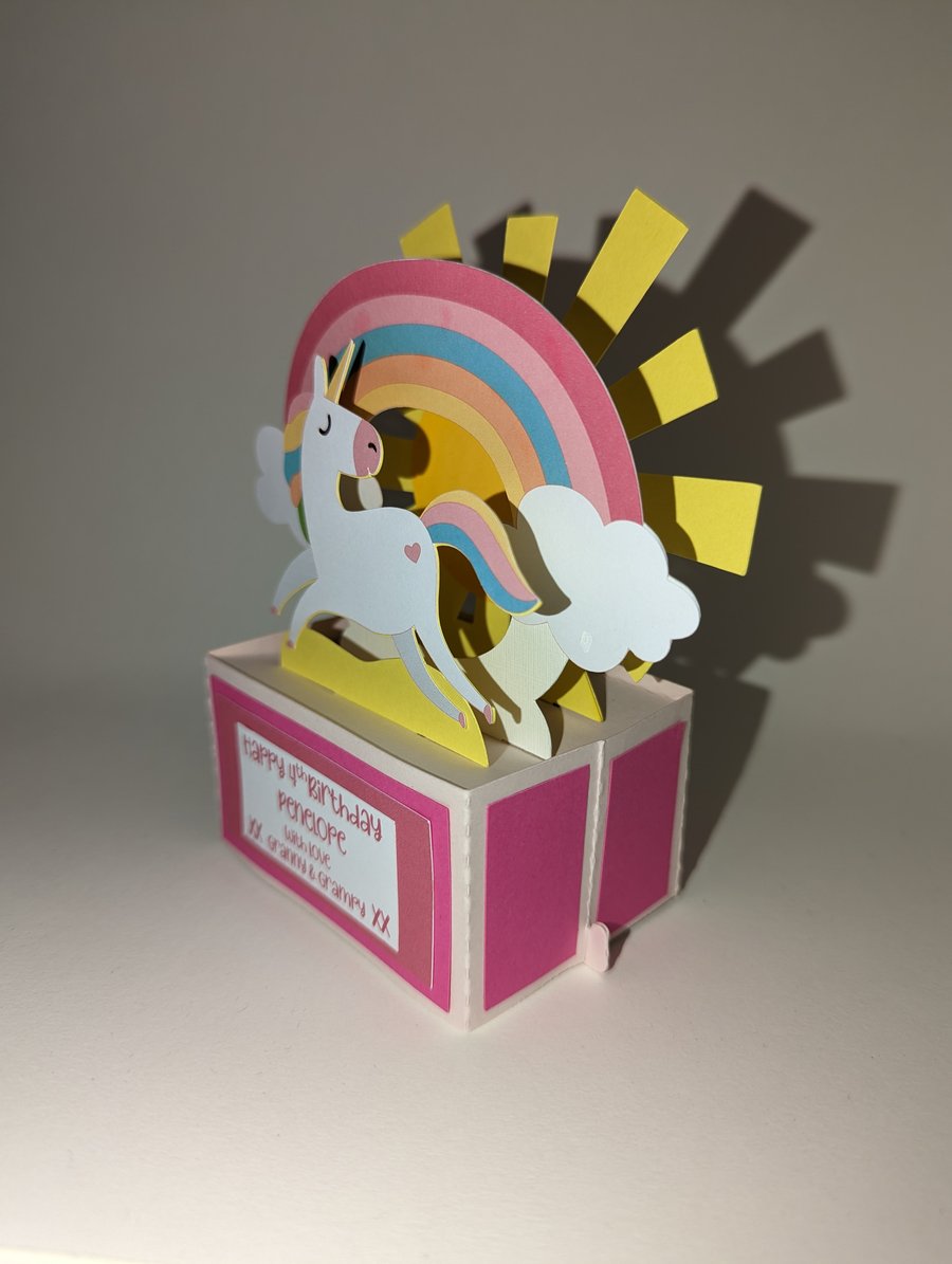 Pink Unicorn & Rainbow box style 3D card - can be personalised