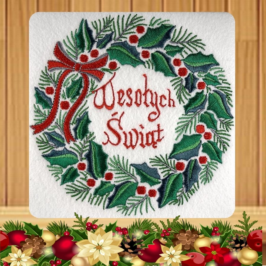 Polish Handmade Wesolych Swiat Holly Wreath Christmas card embroidered design wi