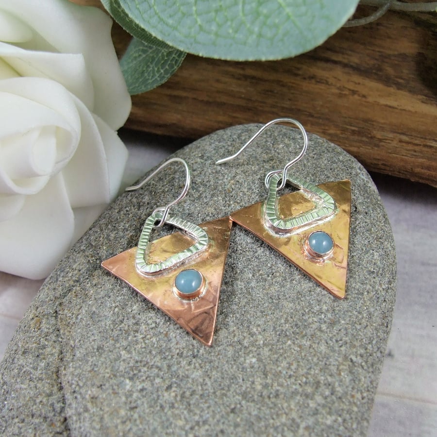 Earrings, Sterling Silver, Copper and Amazonite Triangle Droppers