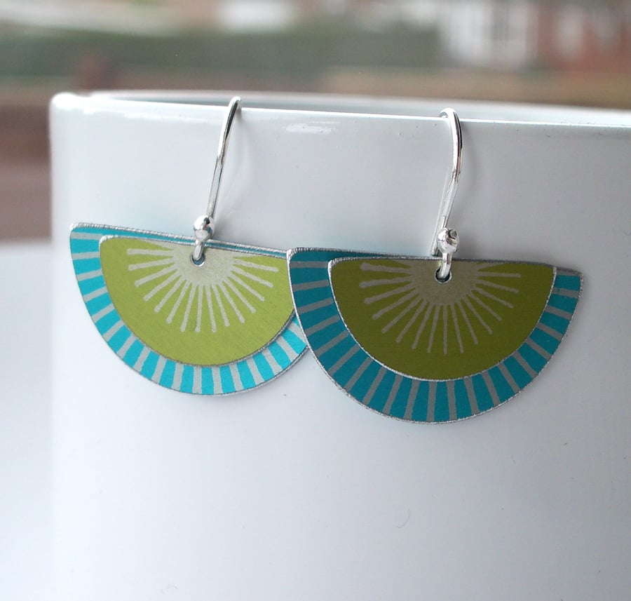 Fan earrings in turquoise and lime with sunburst pattern