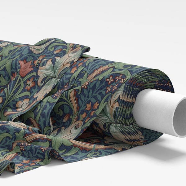 William Morris Fabric - Golden Lily Jewel Navy Blue - Soft Furnishing Fabric