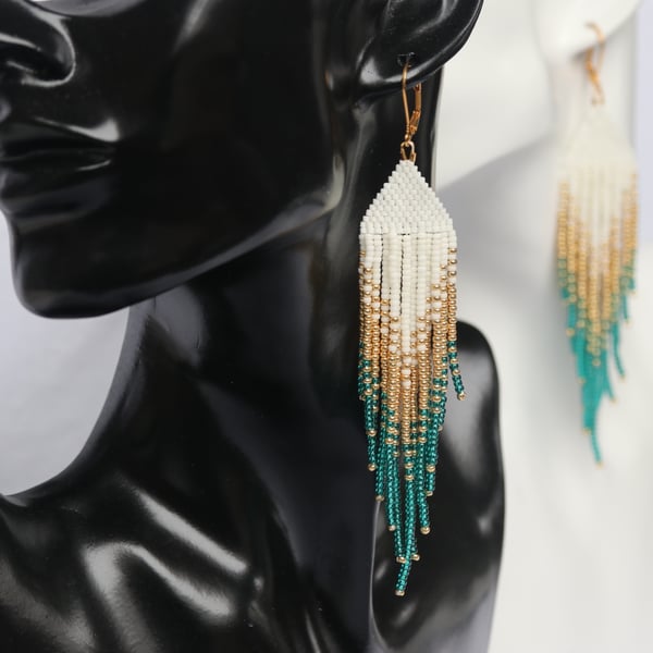 Gold, Green and Cream Long Fringe Earrings