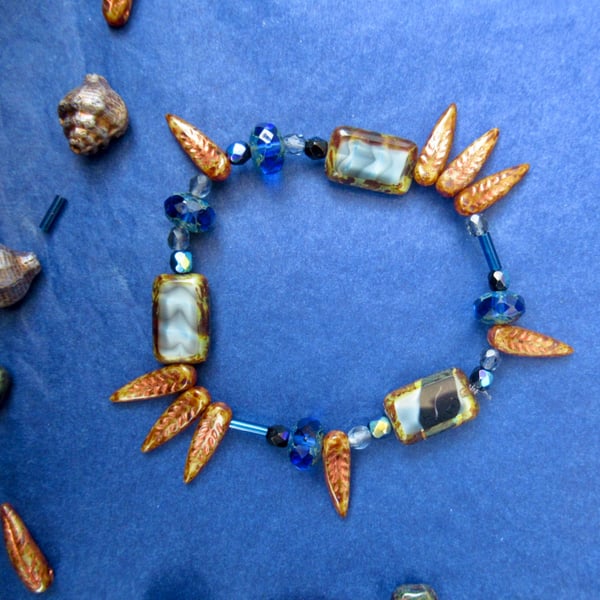'Beneath the Waves' unique Czech-Glass bead stretch bracelet