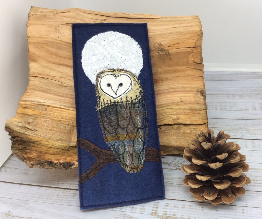 Embroidered owl and full moon bookmark. 