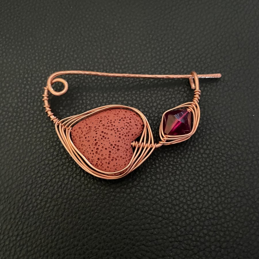 Hammered Copper Lava Heart Brooch - Wire Wrapped Shawl Pin