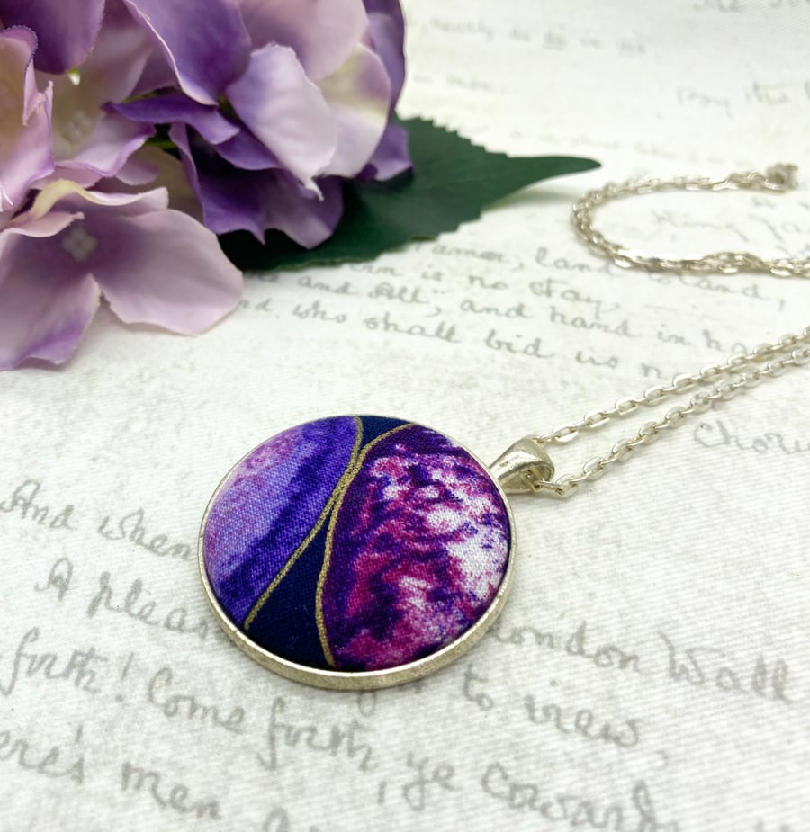 Purple geode fabric button pendant silver plated geology lovers