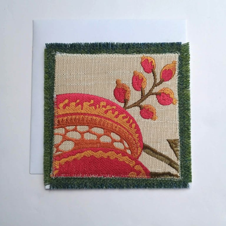 Christmas or birthday card - made with upycled embroidered textiles red gold