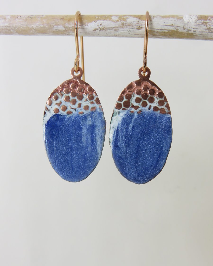 Copper Enamel Handmade Oval Textured Copper Dangle Earrings