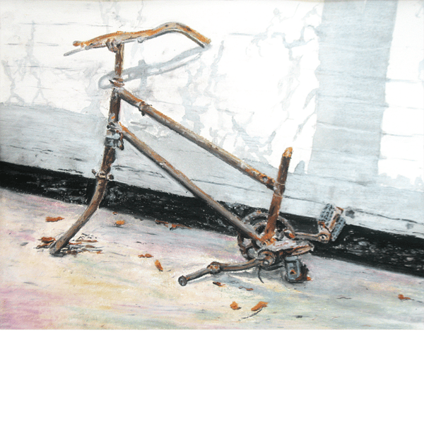Bicycle. Original drawing in oil pastels, signed by the artist.