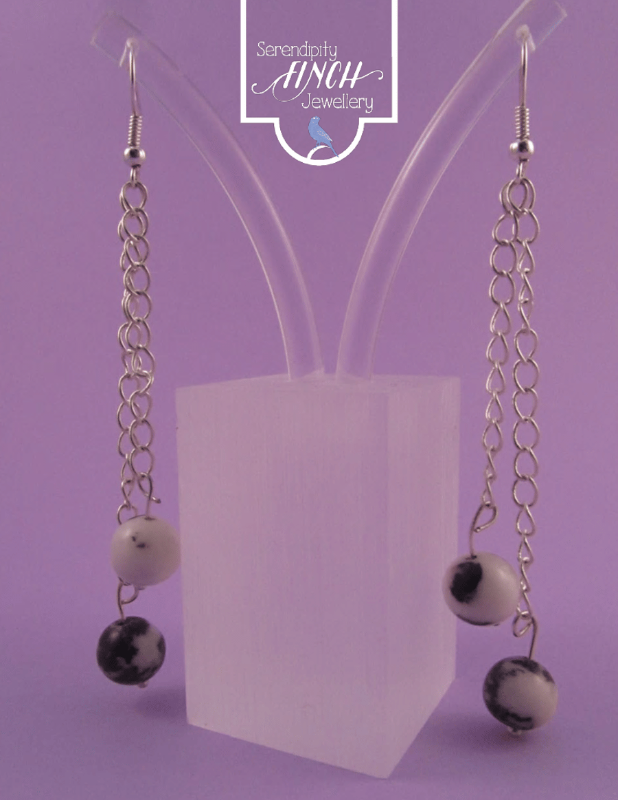 Black White Jasper Chain Dangle Earrings