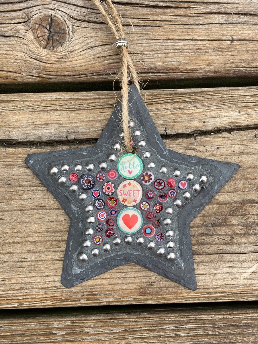 Mosaic Mini Slate Star hanging decoration, Hello Sweet Heart!