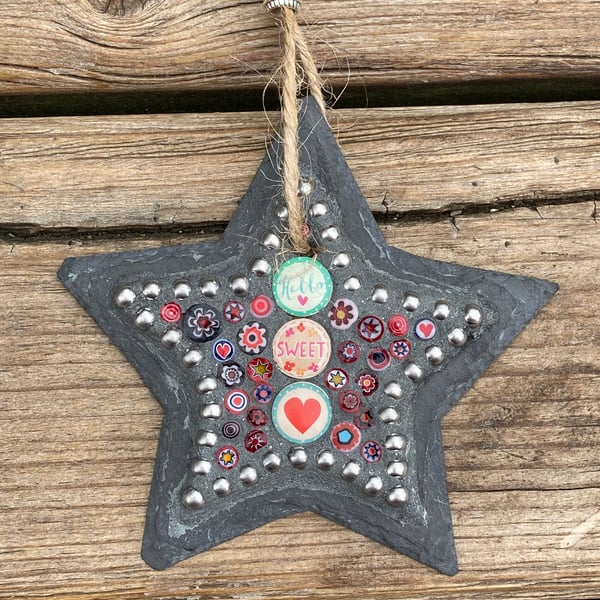 Mosaic Mini Slate Star hanging decoration, Hello Sweet Heart!