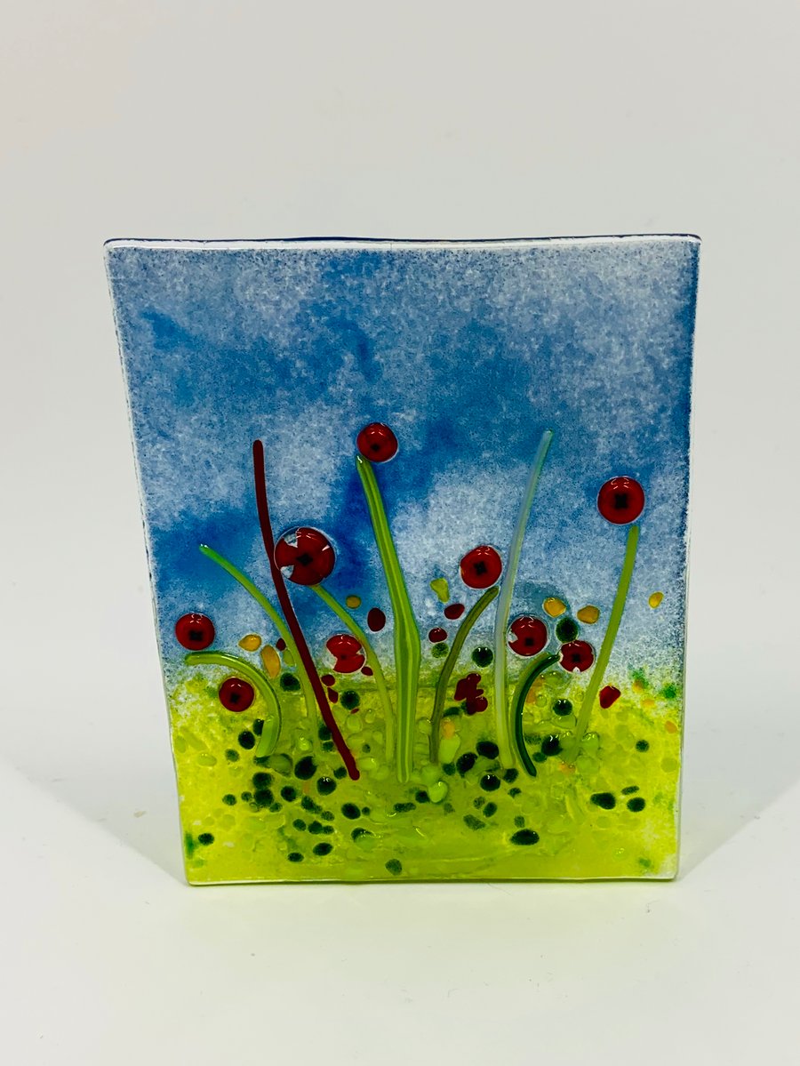 Hand Made Fused Glass Poppy Meadow tea light stand.