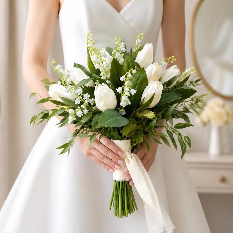 Ivory Tulips and Lily of the Valley Artificial Bridal Bouquet – Wedding Keepsake