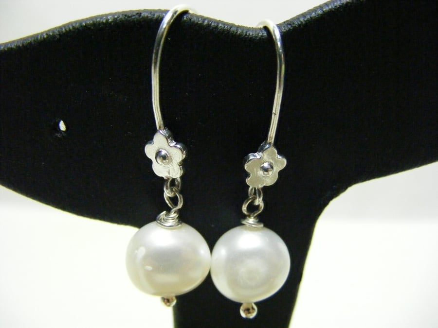 Freshwater Button Pearl and Sterling Silver Earrings.