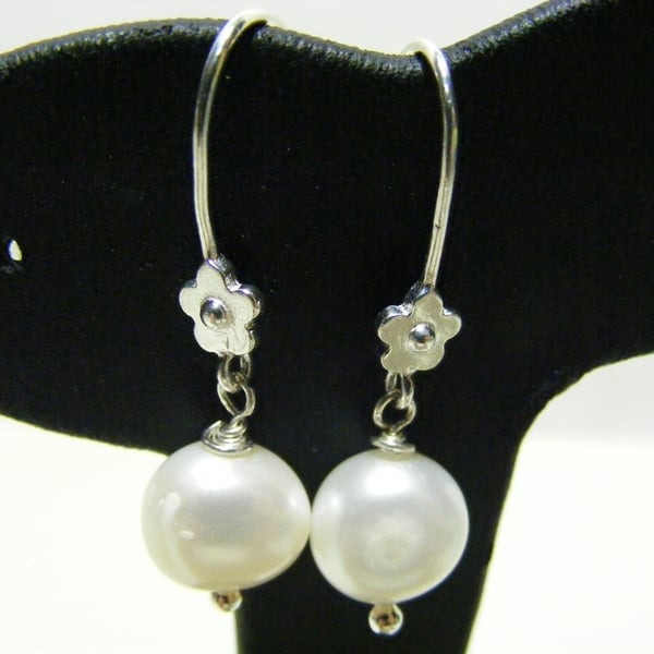 Freshwater Button Pearl and Sterling Silver Earrings.
