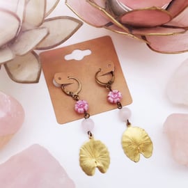Lotus flower rose quartz & brass earrings 