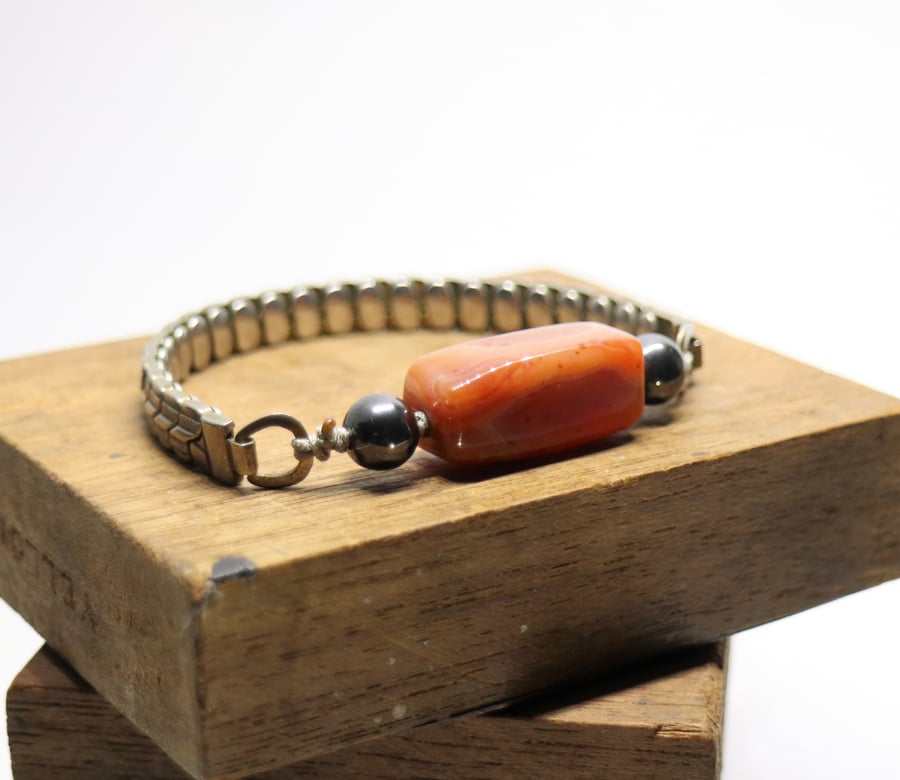 Red Banded Agate semi precious stone - up-cycled stretchable watch bracelet 