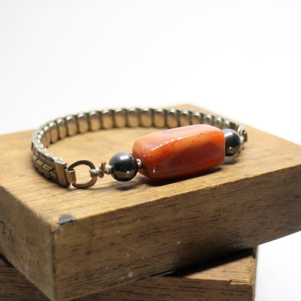 Red Banded Agate semi precious stone - up-cycled stretchable watch bracelet 