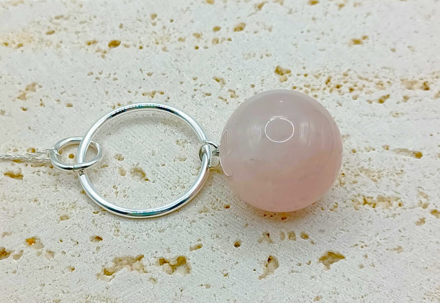 Rose Quartz Sphere Pendant, Sterling Silver Necklace, Gemstone Ball Pendant, 925