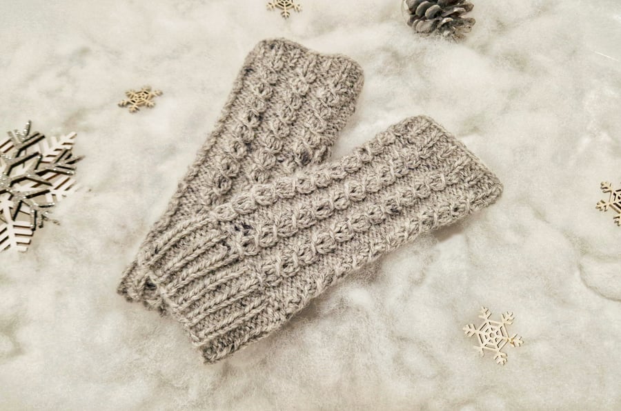Grey Tweed Cable Knit Fingerless Gloves
