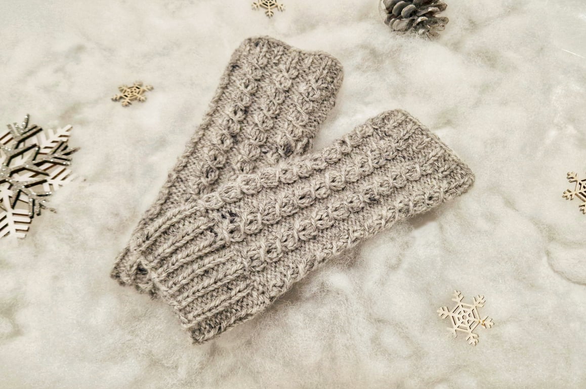 Grey Tweed Cable Knit Fingerless Gloves