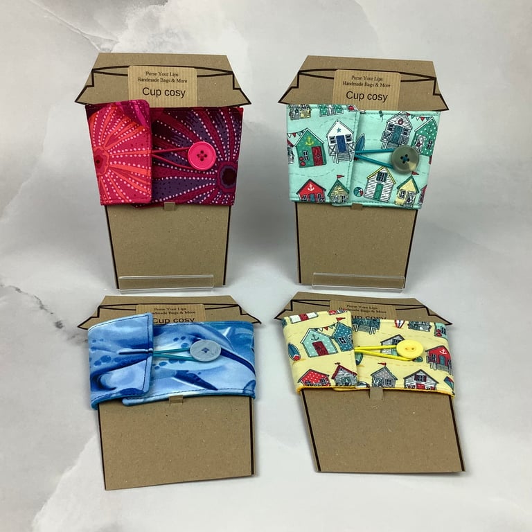 Seaside cup cosy, Dolphin cup cosy, Beach hut mug sleeve, Handmade