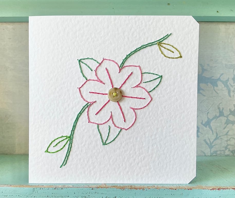 Hand Stitched Clematis Card. Flower Card. Cards. Mothers Day Card. Blank Card.