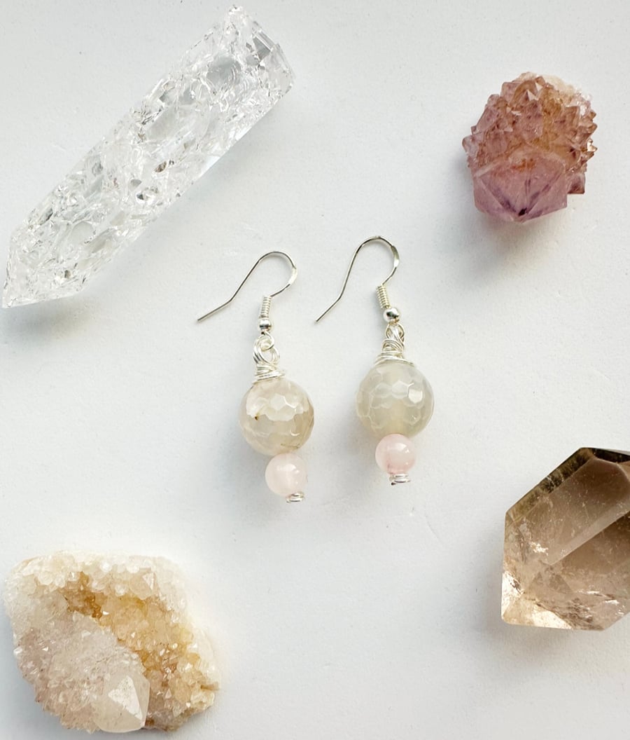 Rose Quartz earrings,Beaded Earring, Agate earrings, silver earrings,