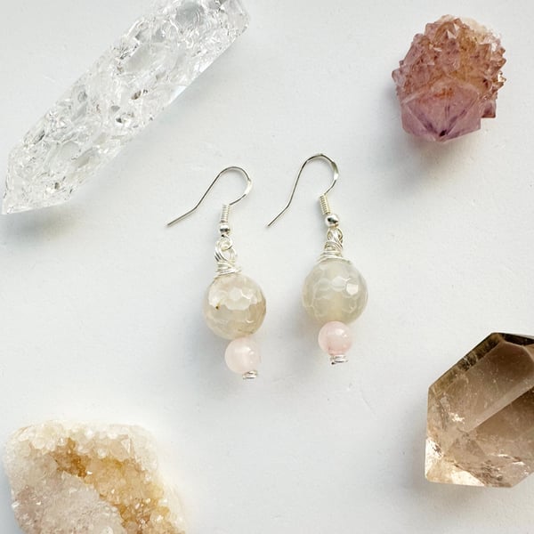 Rose Quartz earrings,Beaded Earring, Agate earrings, silver earrings,