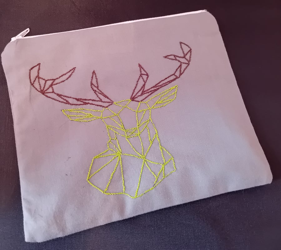 Hand Embroidered Geometric Zippered Pouch - Stag