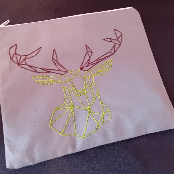 Hand Embroidered Geometric Zippered Pouch - Stag