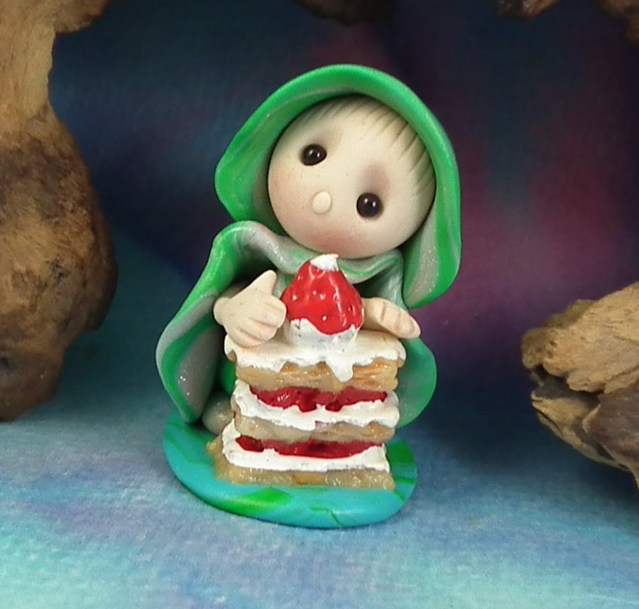 Sale Tiny Garden Party Gnome 'Nola' with cream cake OOAK Sculpt Ann Galvin