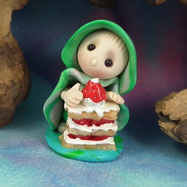 Sale Tiny Garden Party Gnome 'Nola' with cream cake OOAK Sculpt Ann Galvin