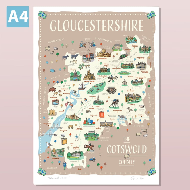 Gloucestershire A4 illustrated map poster, travel print Cotswolds