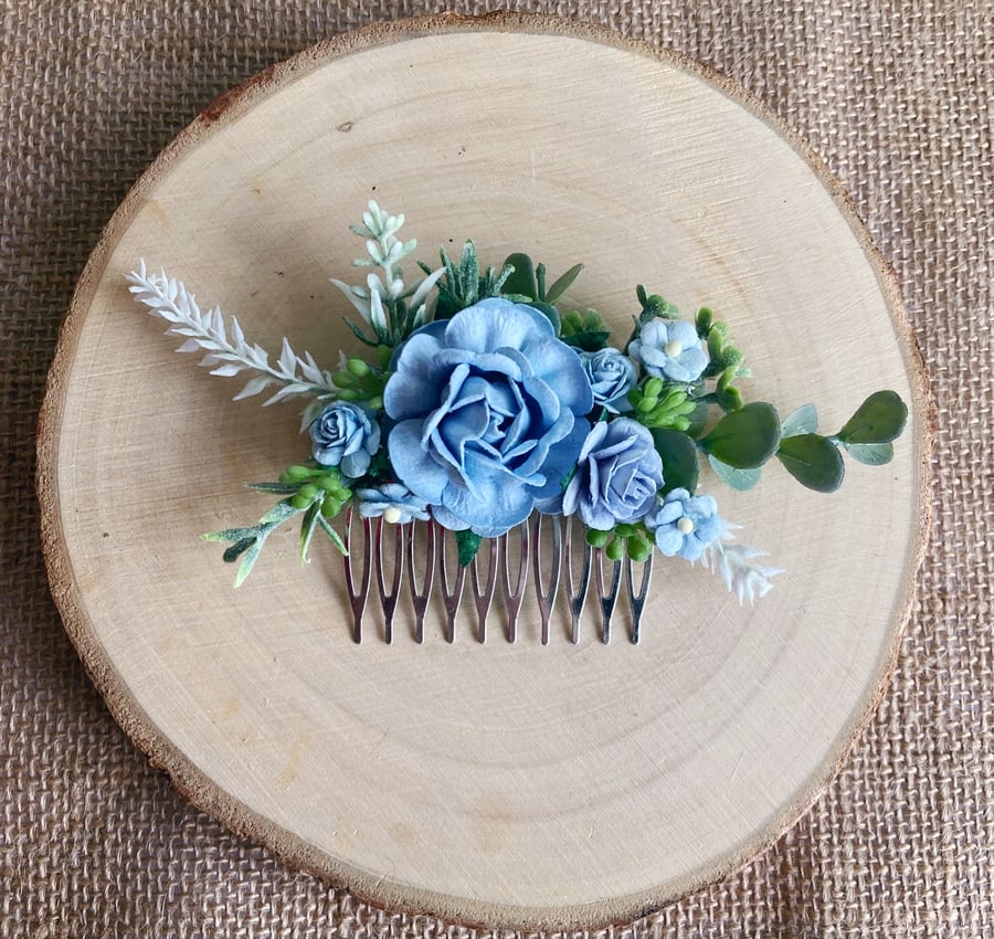 Dusky dusty blue flower hair comb hairpiece, ideal for a wedding.
