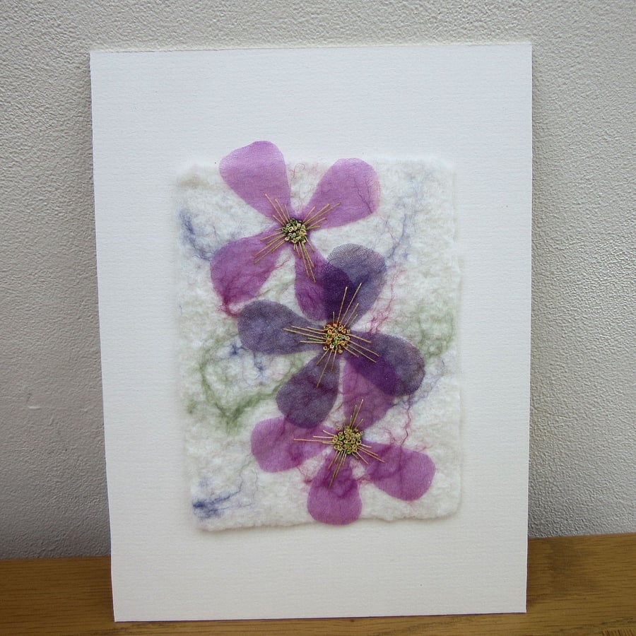 Pink flower picture. Fabric art on hand made felt. Flower picture in white frame