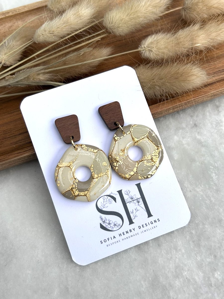 Handcrafted Gold & Beige Marble Effect Donut Polymer Clay Earrings